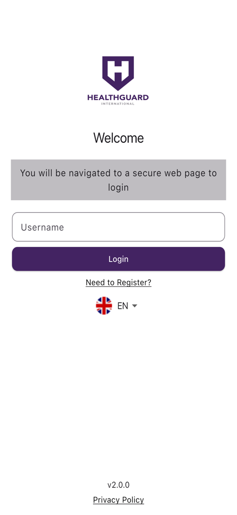 Healthguard International app login screen showing username input and purple login button.