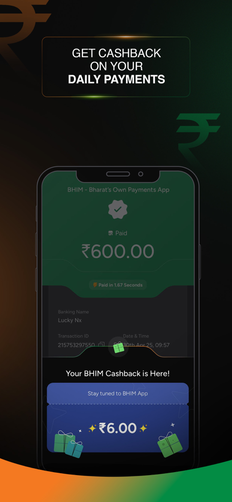 BHIM app interface showing a successful payment confirmation and an earned cashback reward card