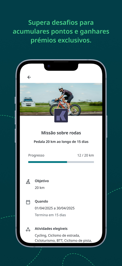 Apptiva - The Apptiva app interface showing a cycling challenge mission with a progress bar and activity details
