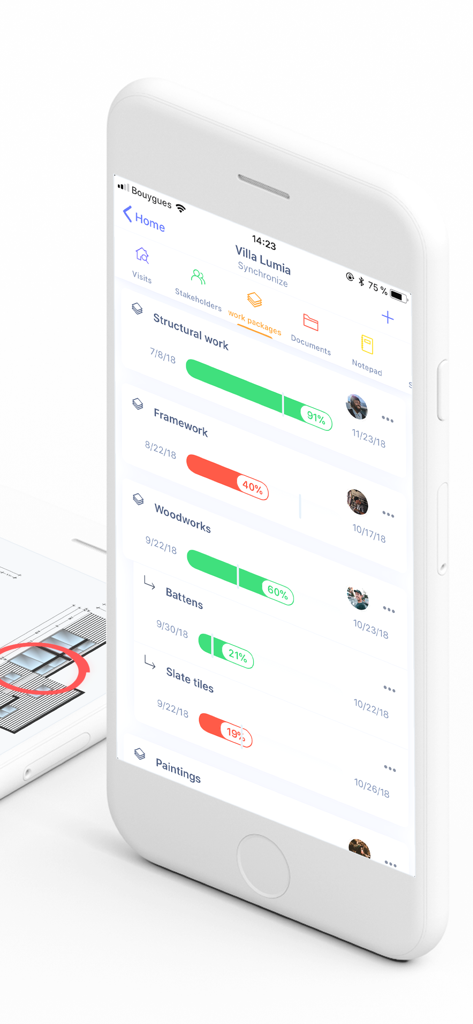 Archireport mobile app interface showing construction project progress bars and work package tracking