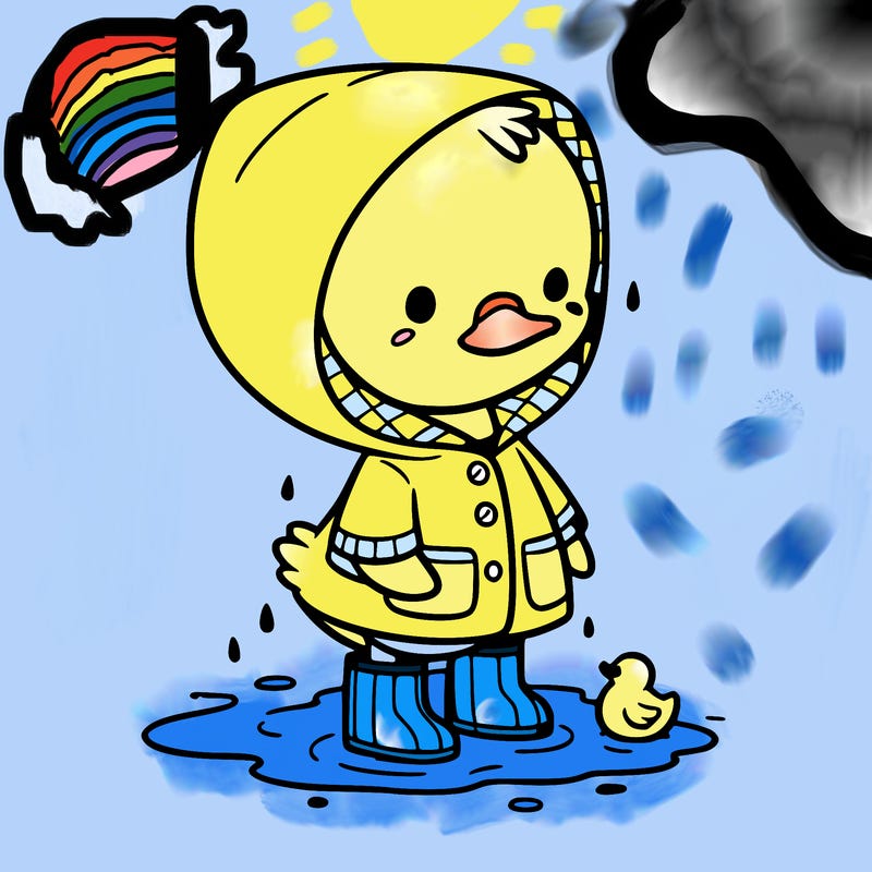 baby duck in a rain coat and boots, in a puddle while it’s raining