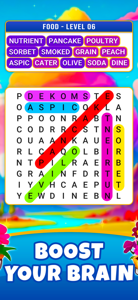 Word Search: Find Hidden Word - Gameplay screen of a word search puzzle with food words and the text Boost Your Brain.