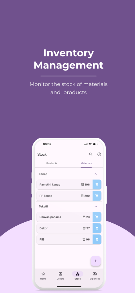 My Little Business App - Inventory management screen in My Little Business App showing a list of raw materials and their stock levels