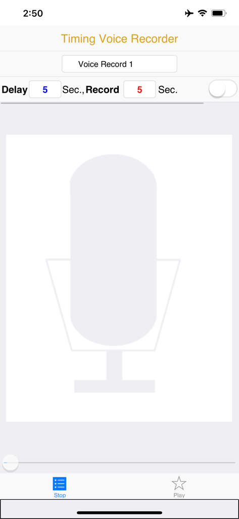 Timing Voice Recorder - Interface of the Timing Voice Recorder app showing delayed start and fixed duration settings with a large microphone icon