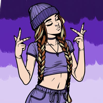 realistic teenage girl with braids and a beanie and crop top doing 🫶🏼