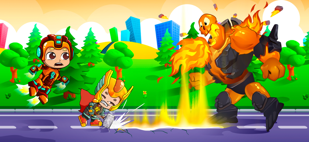 Vlad and Niki in superhero costumes fighting a giant fire monster in a cartoon city