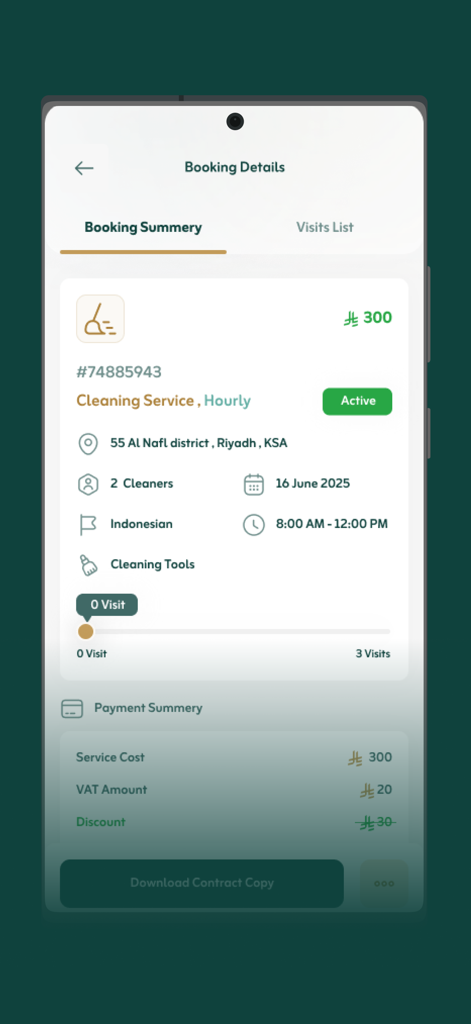 A mobile app screenshot showing the booking summary for an hourly cleaning service in Riyadh with payment details and schedule