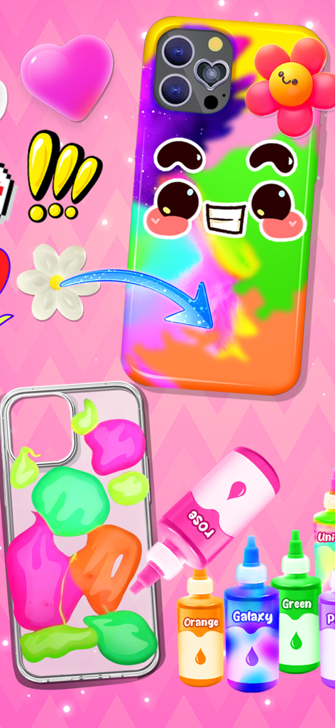 Phone Case DIY - Art Designer - A creative mobile phone case being decorated with colorful paints and cute stickers in a DIY simulation game.
