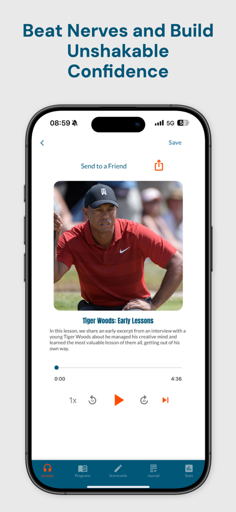 Mind Caddie app audio lesson on building golf confidence featuring Tiger Woods