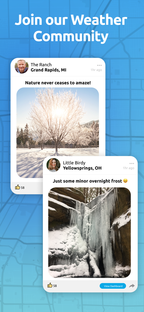 Ambient Weather Networkアプリのコミュニティフィード。ユーザーの気象写真が掲載されています。
