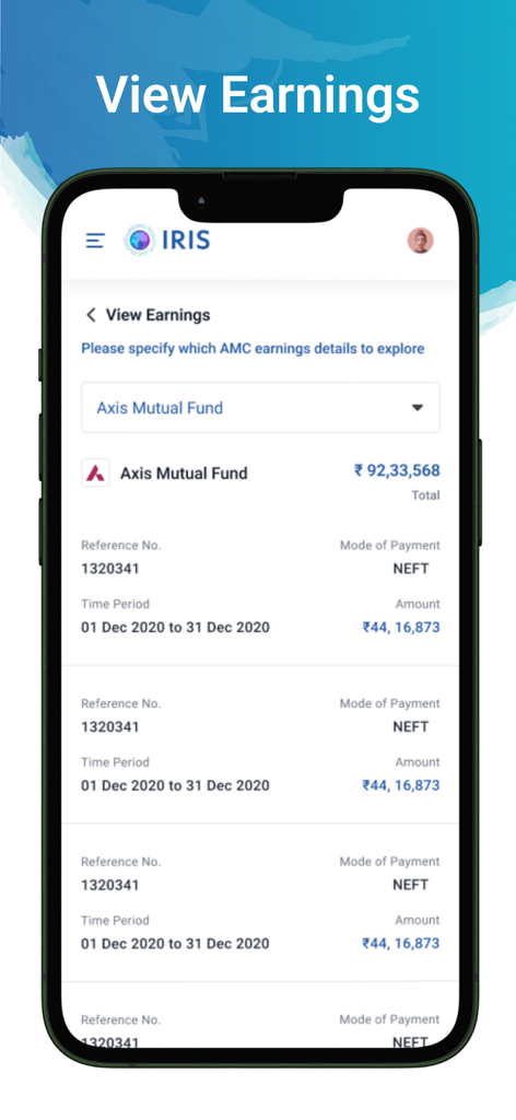 IRIS by Kfintech - Pantalla de la aplicación móvil IRIS by Kfintech que muestra las ganancias de fondos mutuos y los detalles de pago