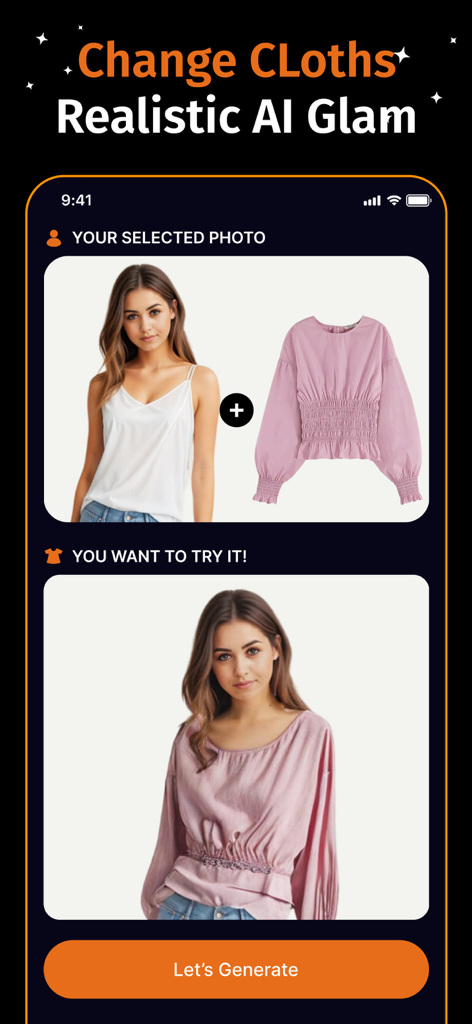 女性が選択したピンクのブラウスをバーチャルに着用しているAIバーチャル試着服アプリのモバイルインターフェース