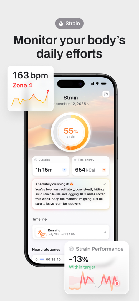 Bevel: All-In-One Health App - A smartphone showing the Bevel app strain dashboard with heart rate metrics and workout analysis.
