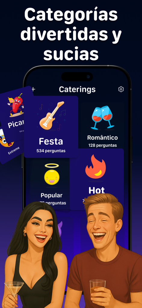 I Have Never Dirty Game - Schermata delle categorie dell'app Io Non Ho Mai Sporco che mostra i temi Hot e Party con personaggi che ridono