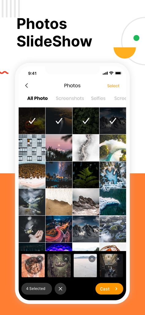 iPhone screen showing a photo gallery with selected images and a cast button for a TV slideshow.