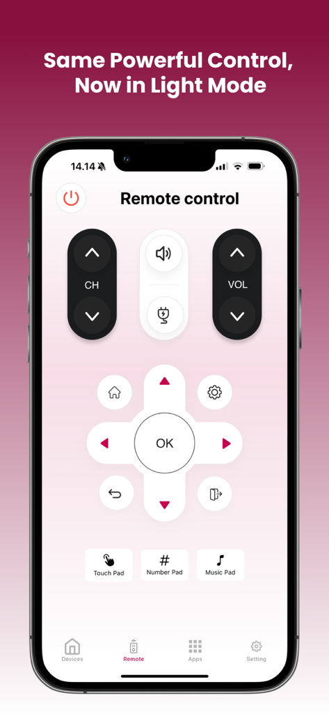 Remote for LG TVs - Interface of the Remote for LG TVs app on an iPhone showing the light mode theme with full control buttons.