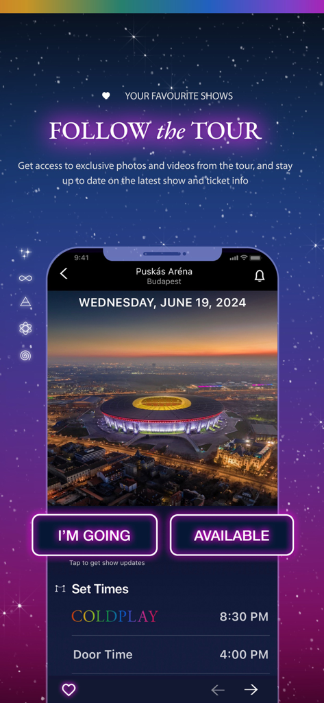 Coldplay app screen showing tour schedule and concert set times