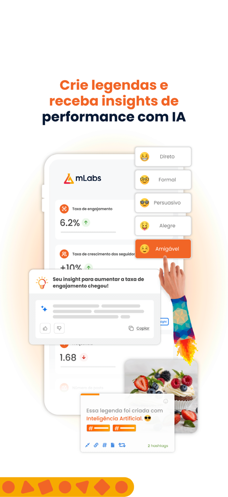 Interfaz de la aplicación mLabs que muestra subtítulos generados por IA con opciones de tono y análisis de interacción en redes sociales