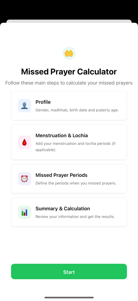 Qadaa Prayer Calculator - 프로필 설정 및 생리 추적을 포함한 놓친 기도 계산 단계를 보여주는 모바일 앱 화면