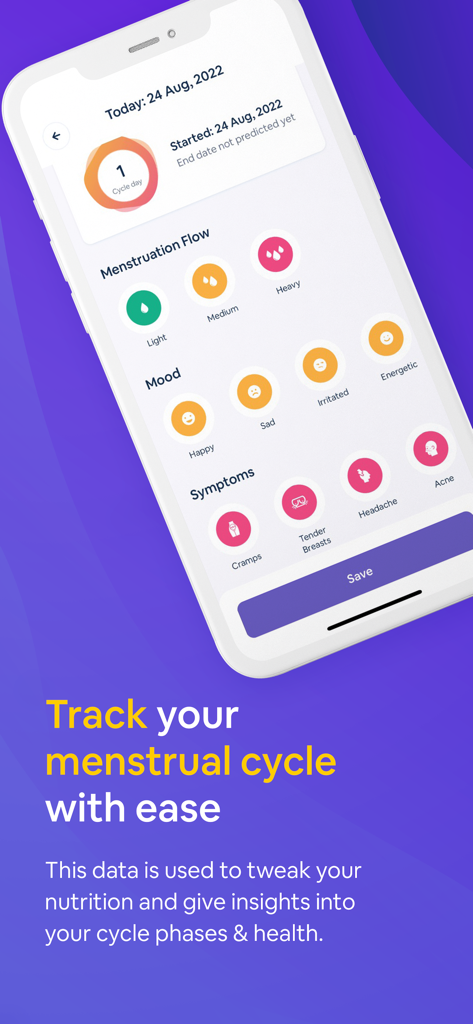 Turtle: All-in-One Health - A screenshot of the Turtle health app menstrual cycle tracking interface showing options to log flow mood and symptoms