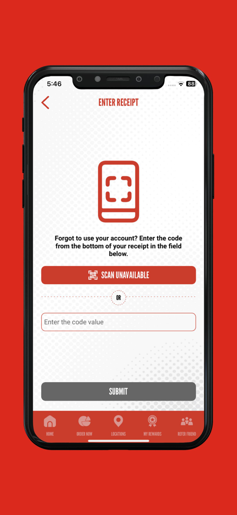 Peter Piper Pizza Rewards - Mobile app screen showing options to enter a receipt code manually or scan it to earn loyalty points.