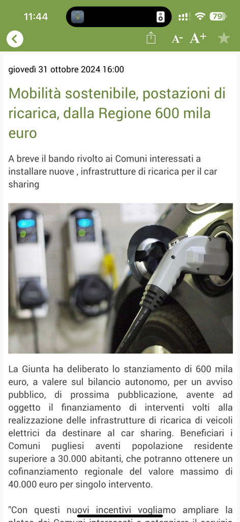 Articolo di notizie locali sull'app GravinaLife riguardante le stazioni di ricarica per veicoli elettrici