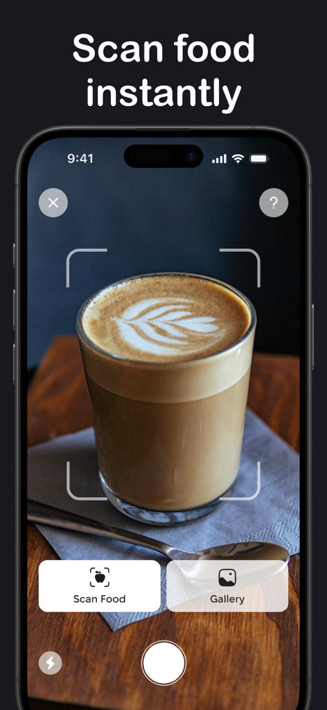 Cal AI app interface showing a smartphone camera scanning a cup of coffee to calculate calories instantly