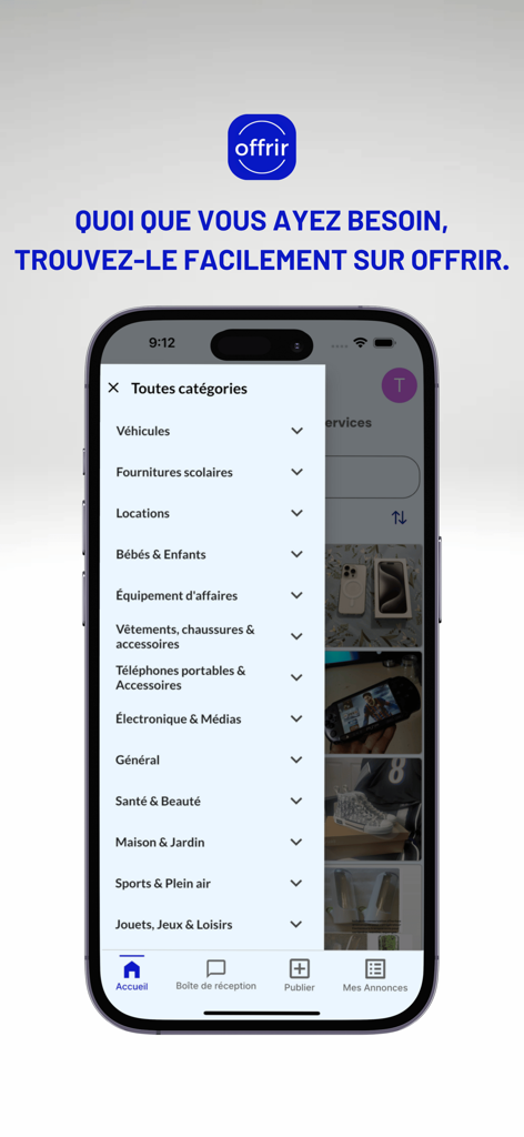 Offrir - Achetez,Vendez,Louez - 차량 렌탈 및 전자제품과 같은 옵션을 보여주는 Offrir 앱의 카테고리 메뉴