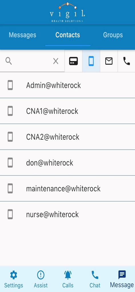 Vigil Mobile - A list of staff contacts in the Vigil Mobile app showing roles like nurse and maintenance