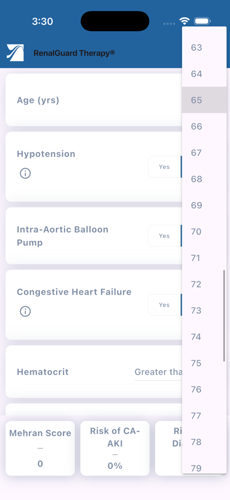 RenalGuard® AKI Calculator - RenalGuard AKI Calculator interface showing medical risk factor inputs and patient age selection