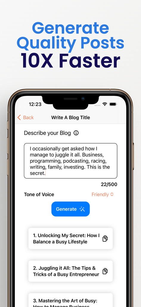 Undetectable AI° - Undetectable AI app interface showing a blog title generator for entrepreneurs