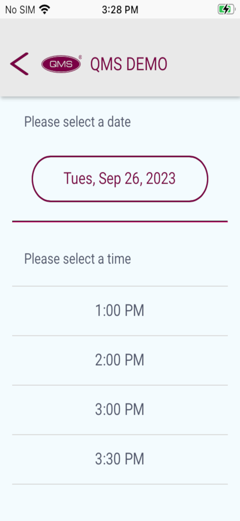 Benutzeroberfläche der mobilen App zur Auswahl von Datum und Uhrzeit für ein virtuelles Warteschlangenticket.