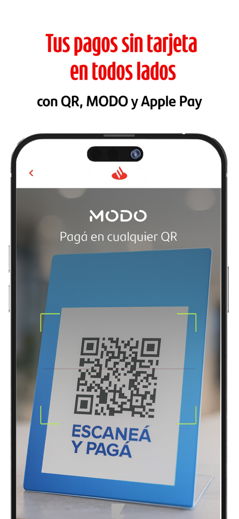 Santander Argentina - Santander Argentina app screen showing QR code scanning for cardless payments with MODO