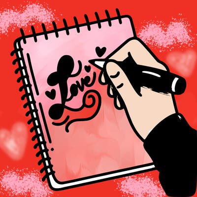 a hand writing “love” in calligraphy on a notebook
