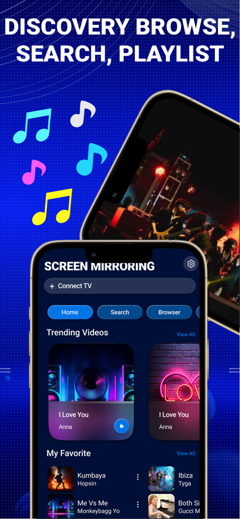 AirPlay Mirroring - AirPlayミラーリングアプリのインターフェースを表示するiPhone画面。ビデオ検索機能も搭載。