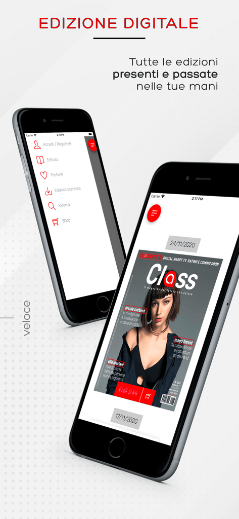 Class - Dos iPhones mostrando la interfaz de la aplicación de la revista Class y una portada digital con una mujer.