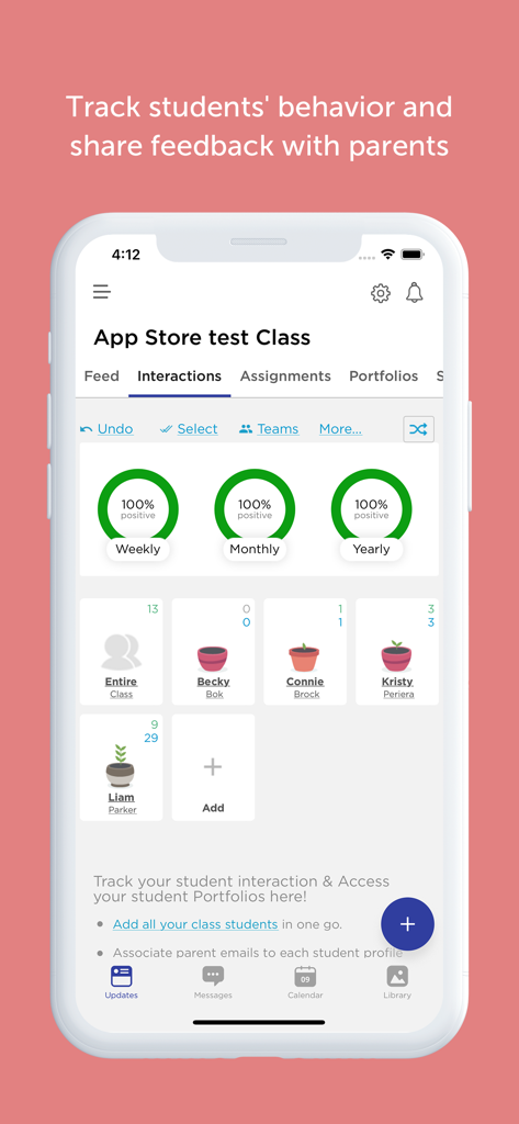 Bloomz app interface displaying student behavior tracking and feedback charts
