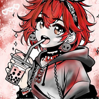 hot baddie anime girl drinking boba and biting the straw
