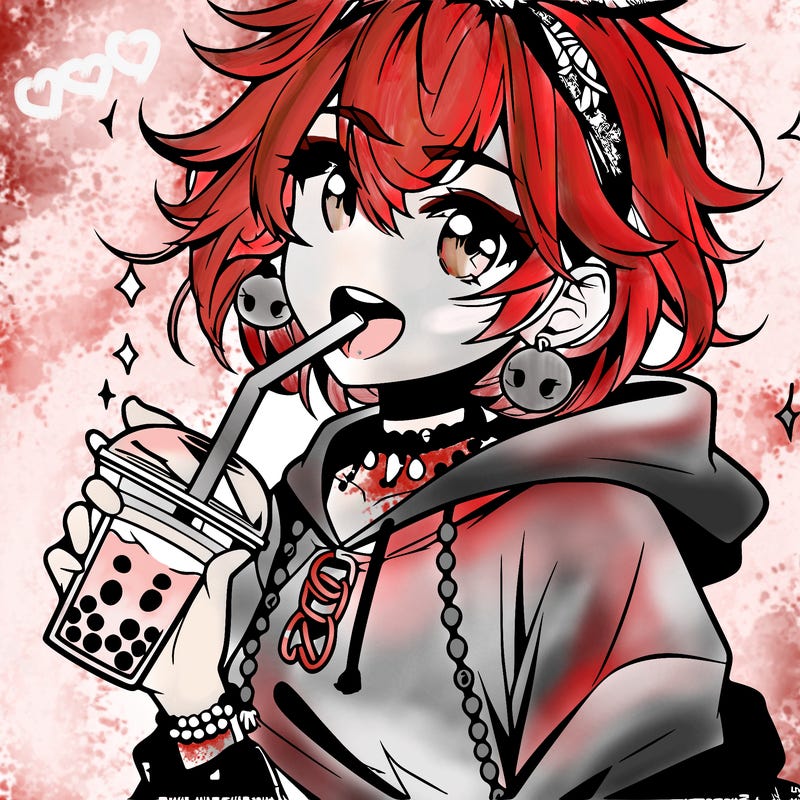 hot baddie anime girl drinking boba and biting the straw