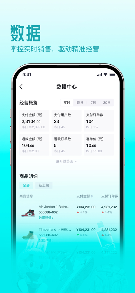 Dashboard of Poizon Merchant app showing real-time sales data and sneaker inventory performance.
