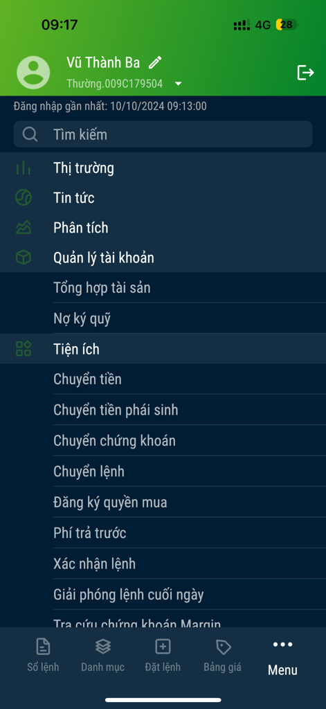 VCBS Mobile application menu with stock trading and account management features