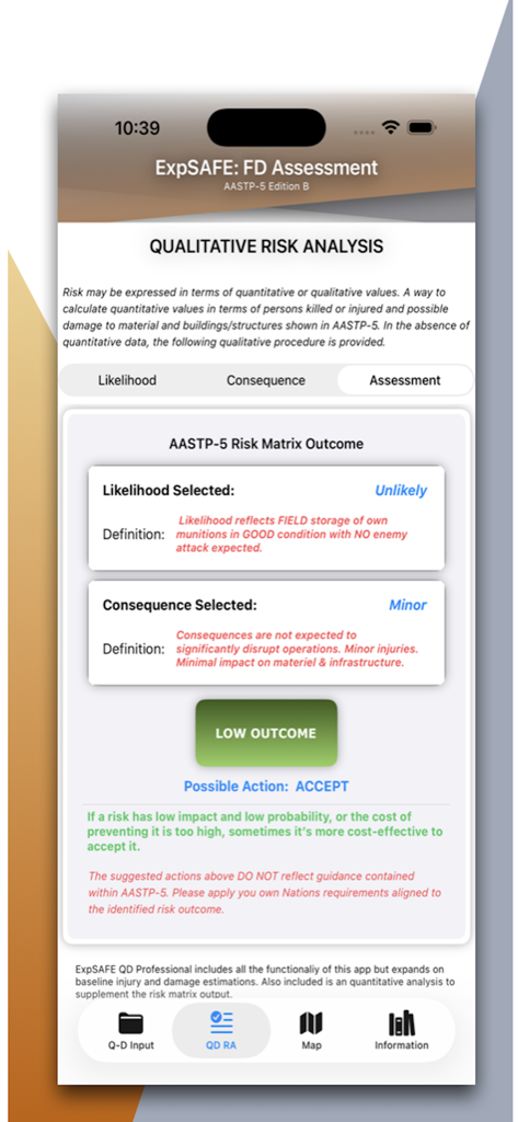 AASTP-5: FD Companion - A mobile screen showing a qualitative risk analysis within the AASTP-5 app with a low outcome result.