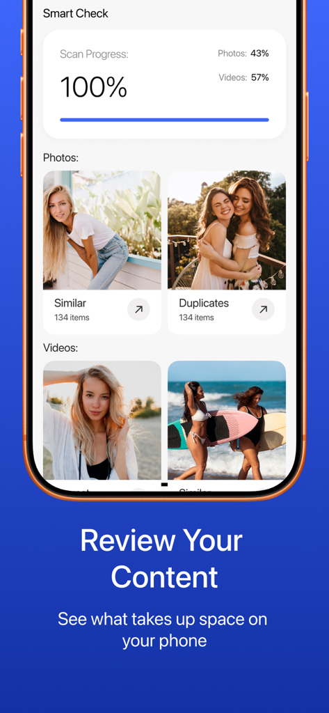 Recurso Smart Check no aplicativo SafeClean mostrando 100 por cento de conclusão da verificação de fotos e vídeos e itens duplicados identificados