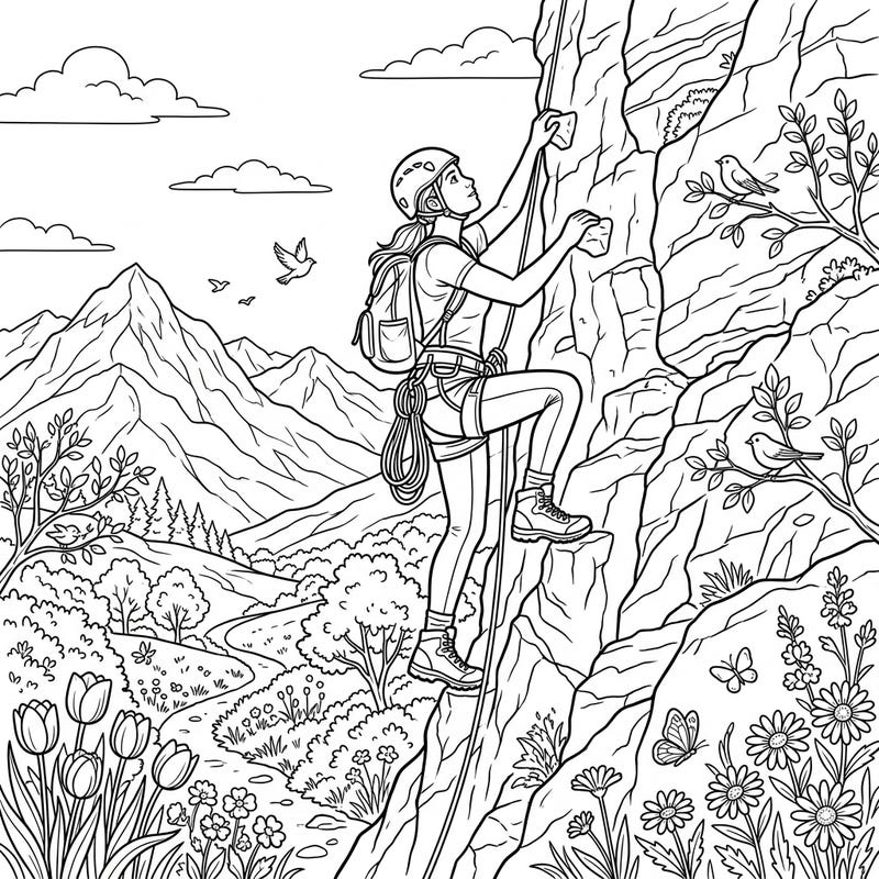 Embark on an exhilarating journey with this coloring page featuring a solo climber conquering a rugged rock face amidst a breathtaking spring landscape. Discover the joy of adding vibrant colors to blooming flowers, fluttering butterflies, and majestic mountains.