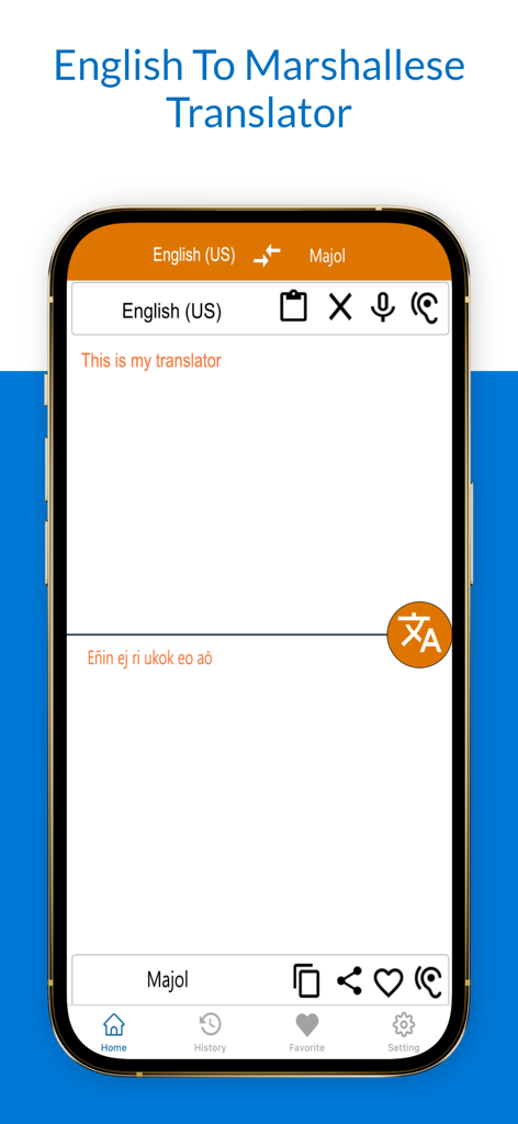 Interface of the English to Marshallese translator app showing a phrase translation on an iPhone