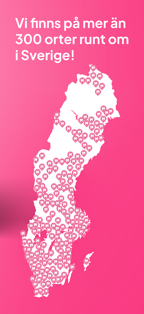 Mobill - Parking & Charging - A map of Sweden with numerous pins indicating over 300 locations where the Mobill app can be used for parking and charging.
