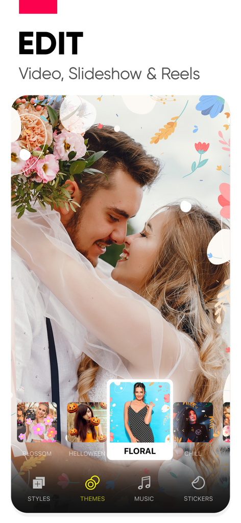 Editing interface of the Slideshow Maker app featuring floral themes and romantic video styles