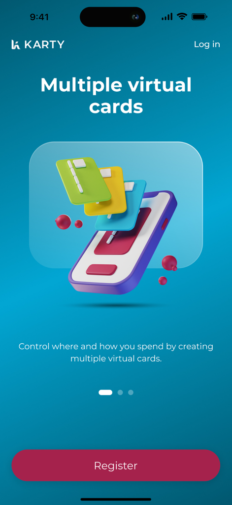 Karty app onboarding screen showing an illustration of multiple colorful virtual cards floating above a smartphone with the text Multiple virtual cards.