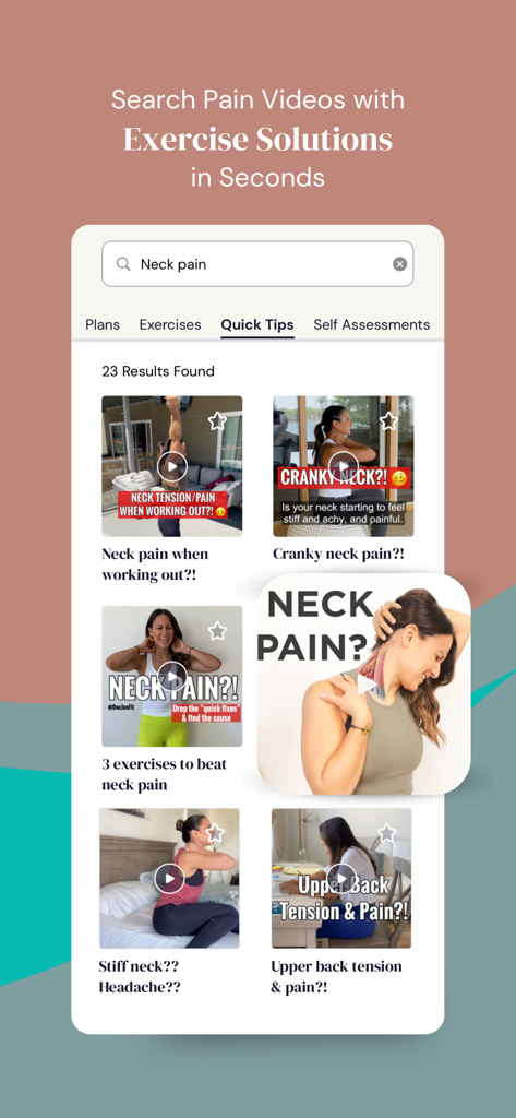 Search screen in the Jen app showing a list of physical therapy videos for neck pain relief.