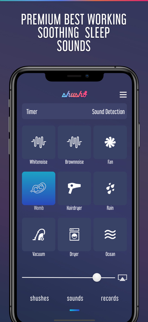 Shush app interface showing a grid of soothing sleep sounds for babies like womb and white noise